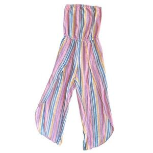 Drew Colorful Open Leg Wide Leg Bohemian Stripe Linen Jumpsuit